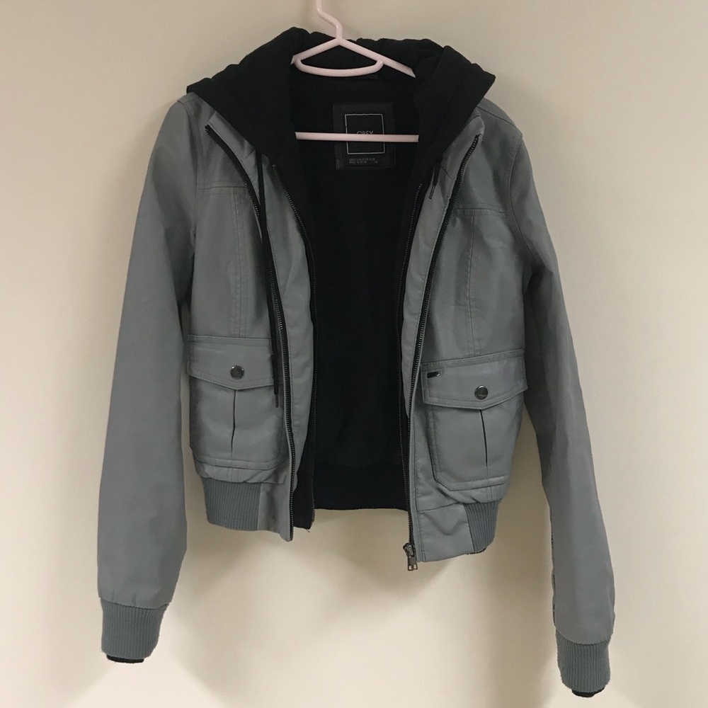 OBEY hooded faux leather grey jacket size XS